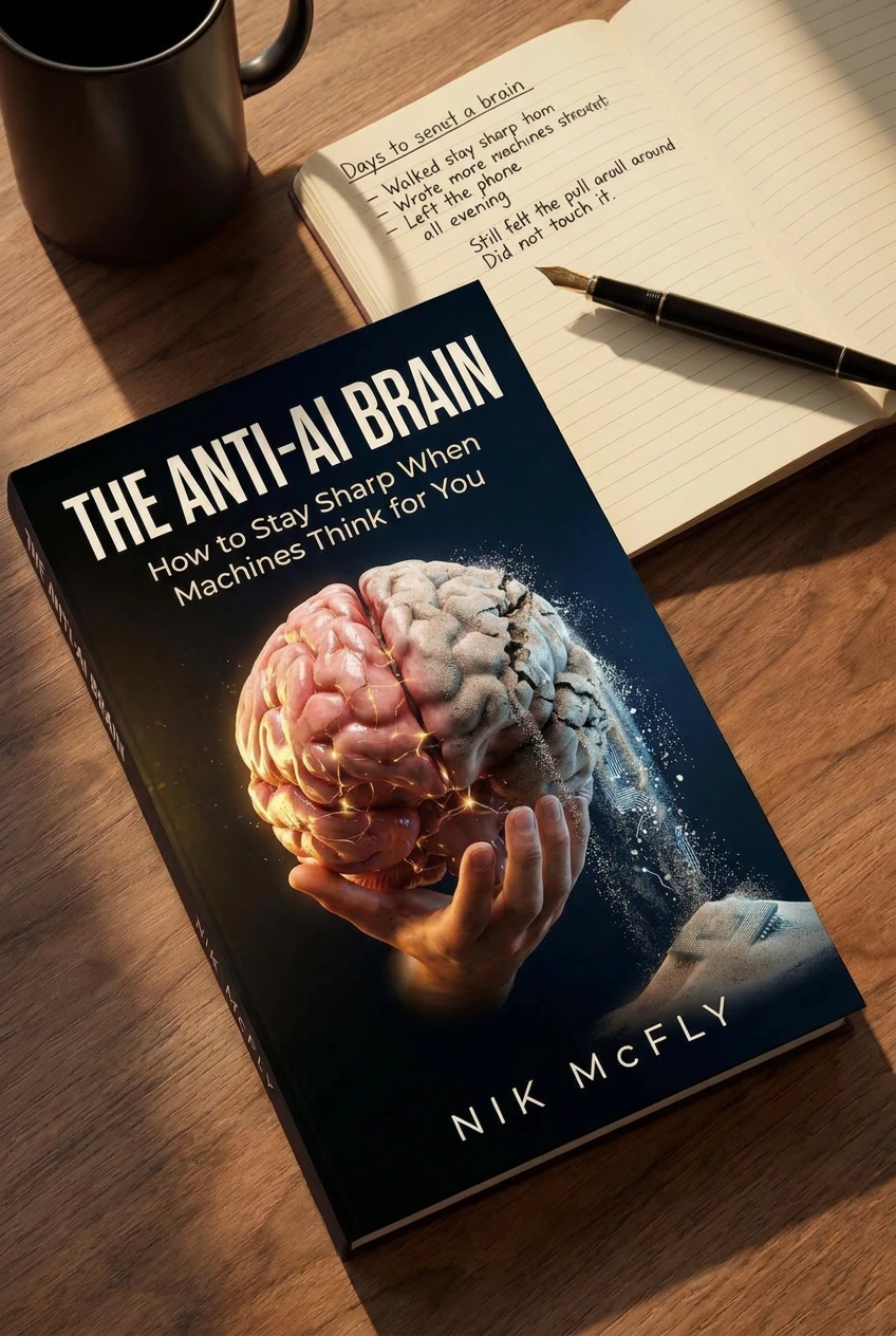 The Anti-AI Brain book beside a handwritten notebook and pen