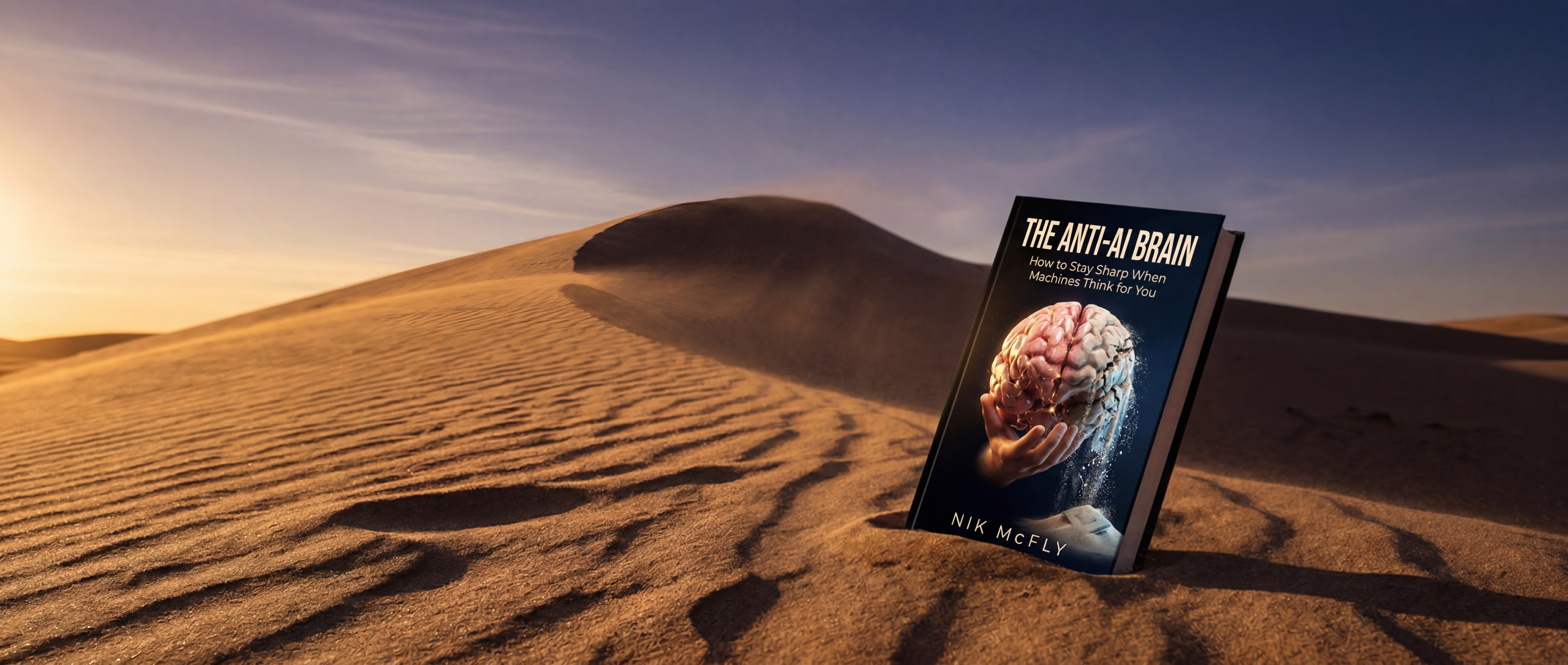 The Anti-AI Brain book cover standing in sunlit desert dunes